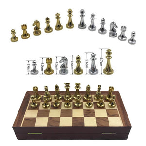 Quality Wooden Folding Chessboard Retro Metal Alloy Chess Game Set *30x30cm