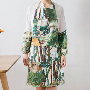 Cooking Apron Sleeveless and Oversleeves Flower Geometric Design Apron for Chefs