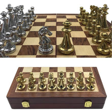 Load image into Gallery viewer, Quality Wooden Folding Chessboard Retro Metal Alloy Chess Game Set *30x30cm