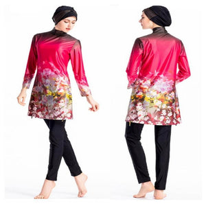 Print Swimsuit Muslim Burkini Chinese Red Full Bathing Suits Woman Floral Long Sleeve Swimwear