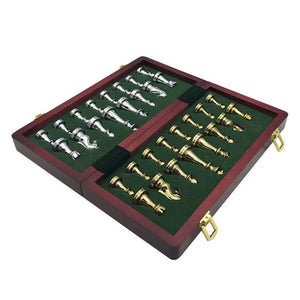 Quality Wooden Folding Chessboard Retro Metal Alloy Chess Game Set *30x30cm