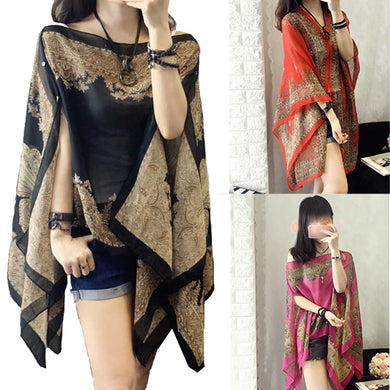 KLV Women Summer Beach Outdoor Soft V-neck Chiffon Blouse Top Neck Printed Blouse Tops