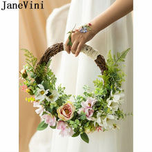Load image into Gallery viewer, JaneVini Round Wedding Wreath Bridal Bouquets Pink Artificial Flower Basket Bride Bouquet Bridesmaid Silk Flower Bouquet Knocker