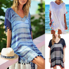 Load image into Gallery viewer, Women Stripe Print Tassel Swimsuit Bikini Cover Up Dress Kaftan V Neck Tops Swimwear Female Beach Dresses