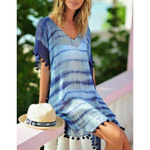 Load image into Gallery viewer, Women Stripe Print Tassel Swimsuit Bikini Cover Up Dress Kaftan V Neck Tops Swimwear Female Beach Dresses
