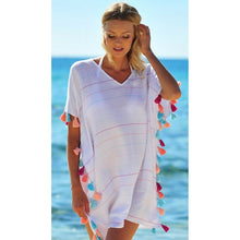 Load image into Gallery viewer, Women Stripe Print Tassel Swimsuit Bikini Cover Up Dress Kaftan V Neck Tops Swimwear Female Beach Dresses