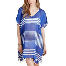 Load image into Gallery viewer, Women Stripe Print Tassel Swimsuit Bikini Cover Up Dress Kaftan V Neck Tops Swimwear Female Beach Dresses