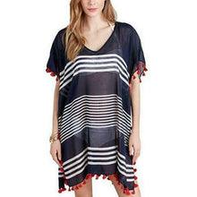 Load image into Gallery viewer, Women Stripe Print Tassel Swimsuit Bikini Cover Up Dress Kaftan V Neck Tops Swimwear Female Beach Dresses
