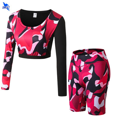 REM Women Camouflage Running Yoga Set Gym Fitness Clothing 2 Pcs Long Sleeve Crop Tops+Shorts Sport Suit Workout Jogging Sportswear