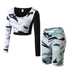 Load image into Gallery viewer, REM Women Camouflage Running Yoga Set Gym Fitness Clothing 2 Pcs Long Sleeve Crop Tops+Shorts Sport Suit Workout Jogging Sportswear