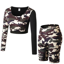 Load image into Gallery viewer, REM Women Camouflage Running Yoga Set Gym Fitness Clothing 2 Pcs Long Sleeve Crop Tops+Shorts Sport Suit Workout Jogging Sportswear