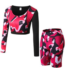 Load image into Gallery viewer, REM Women Camouflage Running Yoga Set Gym Fitness Clothing 2 Pcs Long Sleeve Crop Tops+Shorts Sport Suit Workout Jogging Sportswear