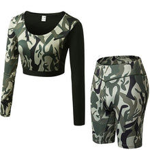 Load image into Gallery viewer, REM Women Camouflage Running Yoga Set Gym Fitness Clothing 2 Pcs Long Sleeve Crop Tops+Shorts Sport Suit Workout Jogging Sportswear