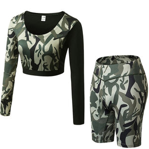 REM Women Camouflage Running Yoga Set Gym Fitness Clothing 2 Pcs Long Sleeve Crop Tops+Shorts Sport Suit Workout Jogging Sportswear