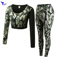 Load image into Gallery viewer, Long Sleeve Crop Top+Tights Women 2 Pcs Yoga Set Camouflage Gym Workout Clothing Sport Suit Running Jogging Fitness Tracksuit