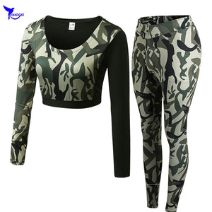 Long Sleeve Crop Top+Tights Women 2 Pcs Yoga Set Camouflage Gym Workout Clothing Sport Suit Running Jogging Fitness Tracksuit