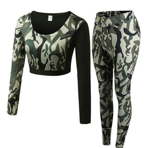 Long Sleeve Crop Top+Tights Women 2 Pcs Yoga Set Camouflage Gym Workout Clothing Sport Suit Running Jogging Fitness Tracksuit