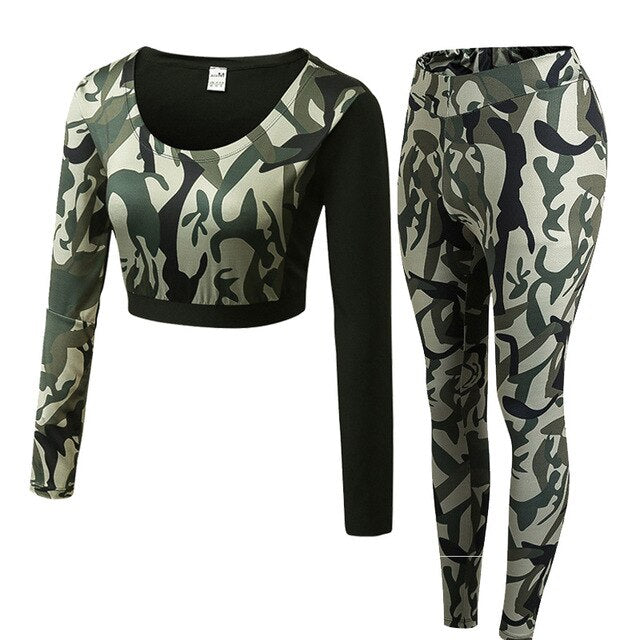 Long Sleeve Crop Top+Tights Women 2 Pcs Yoga Set Camouflage Gym Workout Clothing Sport Suit Running Jogging Fitness Tracksuit