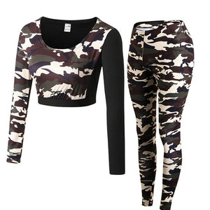 Long Sleeve Crop Top+Tights Women 2 Pcs Yoga Set Camouflage Gym Workout Clothing Sport Suit Running Jogging Fitness Tracksuit