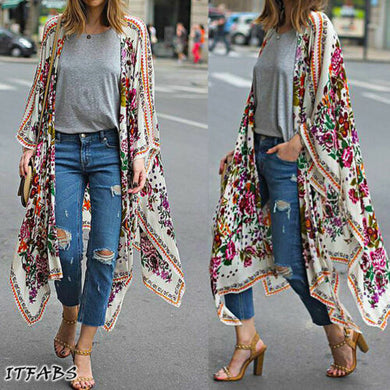 Women Loose Floral Print Blouse Summer Casual Boho Chiffon Kimono Cardigan Tops