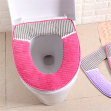 Load image into Gallery viewer, Corduroy Toilet Seat Padded Autumn Winter Warm PU Waterproof Toilet Cover Plush Thick Sticky Button Stripe Seat Cushion