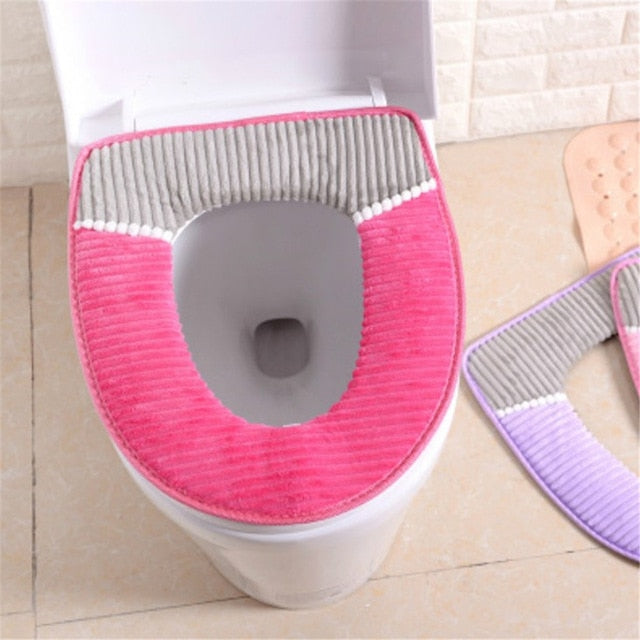 Corduroy Toilet Seat Padded Autumn Winter Warm PU Waterproof Toilet Cover Plush Thick Sticky Button Stripe Seat Cushion
