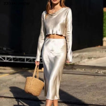 Load image into Gallery viewer, 2020 Spring French Bright Satin Long Sleeve Shirt Sexy Women A line Long Skirt Crop Top Short Pullover Blouse Tops 2 Pieces Set