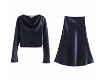 Load image into Gallery viewer, 2020 Spring French Bright Satin Long Sleeve Shirt Sexy Women A line Long Skirt Crop Top Short Pullover Blouse Tops 2 Pieces Set