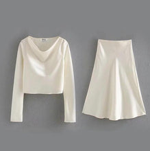 Load image into Gallery viewer, 2020 Spring French Bright Satin Long Sleeve Shirt Sexy Women A line Long Skirt Crop Top Short Pullover Blouse Tops 2 Pieces Set