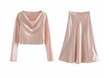 Load image into Gallery viewer, 2020 Spring French Bright Satin Long Sleeve Shirt Sexy Women A line Long Skirt Crop Top Short Pullover Blouse Tops 2 Pieces Set