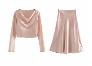 2020 Spring French Bright Satin Long Sleeve Shirt Sexy Women A line Long Skirt Crop Top Short Pullover Blouse Tops 2 Pieces Set