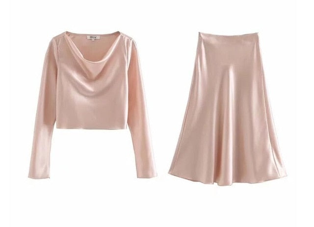 2020 Spring French Bright Satin Long Sleeve Shirt Sexy Women A line Long Skirt Crop Top Short Pullover Blouse Tops 2 Pieces Set