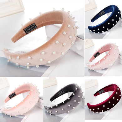 2019 Chic Pearl Beads Thick Velvet Women Wide Headband Hair Accessories Sponge Head Hoop Turban Female Korean Stretch Hair Bands