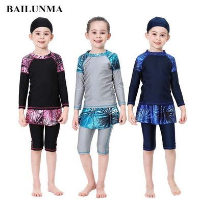 BAILUNMA Girl's Burkinis Muslim Swimwear Modest swim wear Children's Swimsuit Patchwork Long Sleeve Islamic Swimsuit hijab B1012