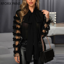 Load image into Gallery viewer, Women Lantern Long Sleeve Lace Black Blouse with Scarf Neck Office Dinner