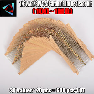 300/600pcs/set - Carbon Film Resistors Kit 1M - 1/8W 1/6W 5% (1K/10K/100K/220 ohm)