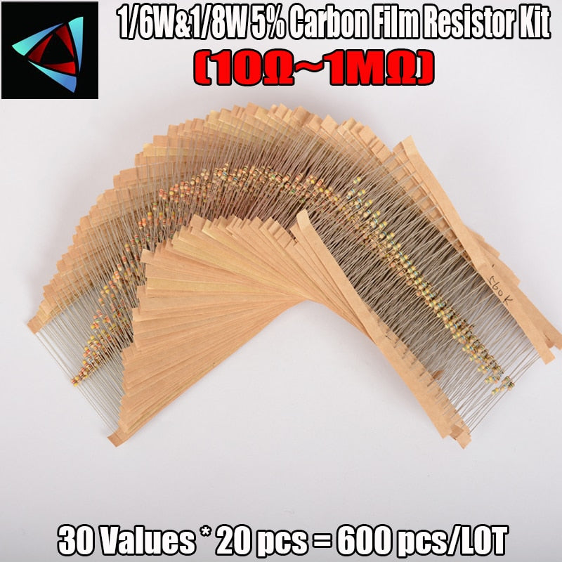 300/600pcs/set - Carbon Film Resistors Kit 1M - 1/8W 1/6W 5% (1K/10K/100K/220 ohm)