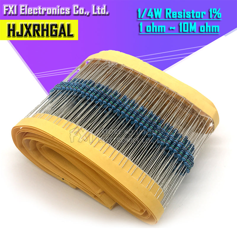 100pcs 1/4W 1R~22M 1% Metal film resistor 100R 220R 1K 1.5K 2.2K  4.7Kohm resistance