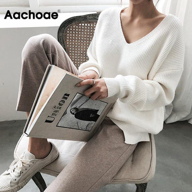 AACHOAE Women Sweaters V-Neck Thick Pullover Long Sleeve Knitted Cashmere Top