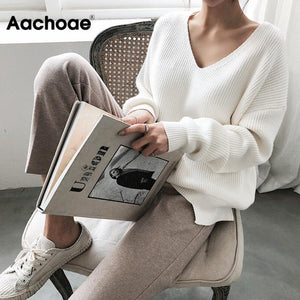 AACHOAE Women Sweaters V-Neck Thick Pullover Long Sleeve Knitted Cashmere Top