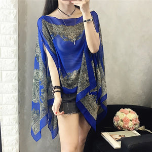 KLV Women Summer Beach Outdoor Soft V-neck Chiffon Blouse Top Neck Printed Blouse Tops