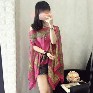 KLV Women Summer Beach Outdoor Soft V-neck Chiffon Blouse Top Neck Printed Blouse Tops