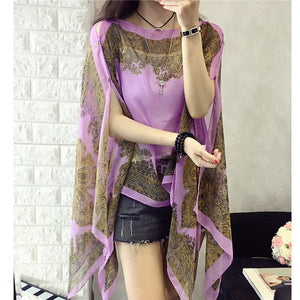 KLV Women Summer Beach Outdoor Soft V-neck Chiffon Blouse Top Neck Printed Blouse Tops