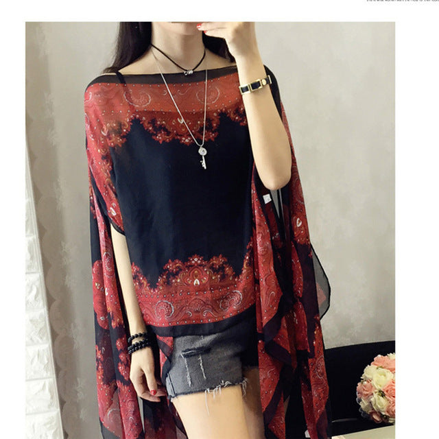 KLV Women Summer Beach Outdoor Soft V-neck Chiffon Blouse Top Neck Printed Blouse Tops