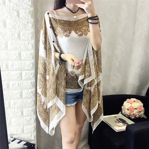 KLV Women Summer Beach Outdoor Soft V-neck Chiffon Blouse Top Neck Printed Blouse Tops