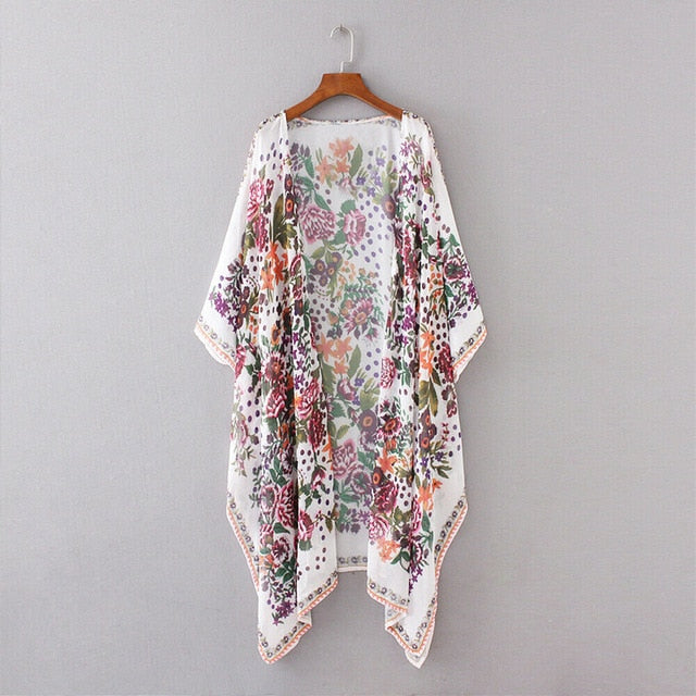 Women Loose Floral Print Blouse Summer Casual Boho Chiffon Kimono Cardigan Tops