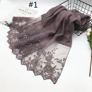 1pc Solid color Two-Sides Lace Women foulard hijab Shawl Muslim Scarf Nailed Pearl Plain Stitching Wrap Female Malaysia Hijab