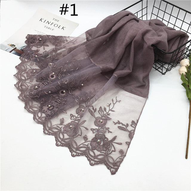 1pc Solid color Two-Sides Lace Women foulard hijab Shawl Muslim Scarf Nailed Pearl Plain Stitching Wrap Female Malaysia Hijab