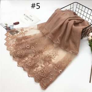 1pc Solid color Two-Sides Lace Women foulard hijab Shawl Muslim Scarf Nailed Pearl Plain Stitching Wrap Female Malaysia Hijab