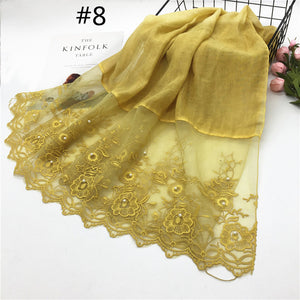 1pc Solid color Two-Sides Lace Women foulard hijab Shawl Muslim Scarf Nailed Pearl Plain Stitching Wrap Female Malaysia Hijab